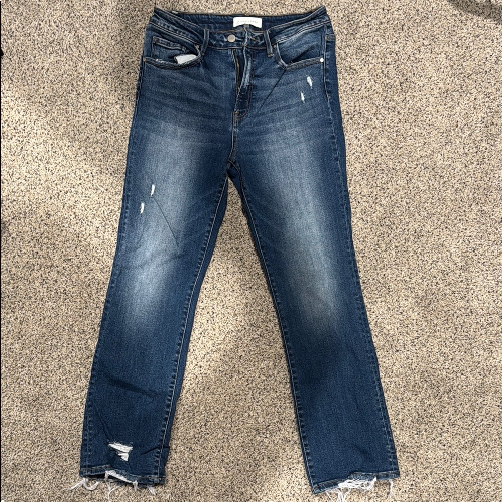 Blue Ankle Cropped Jeans with Distressed Details